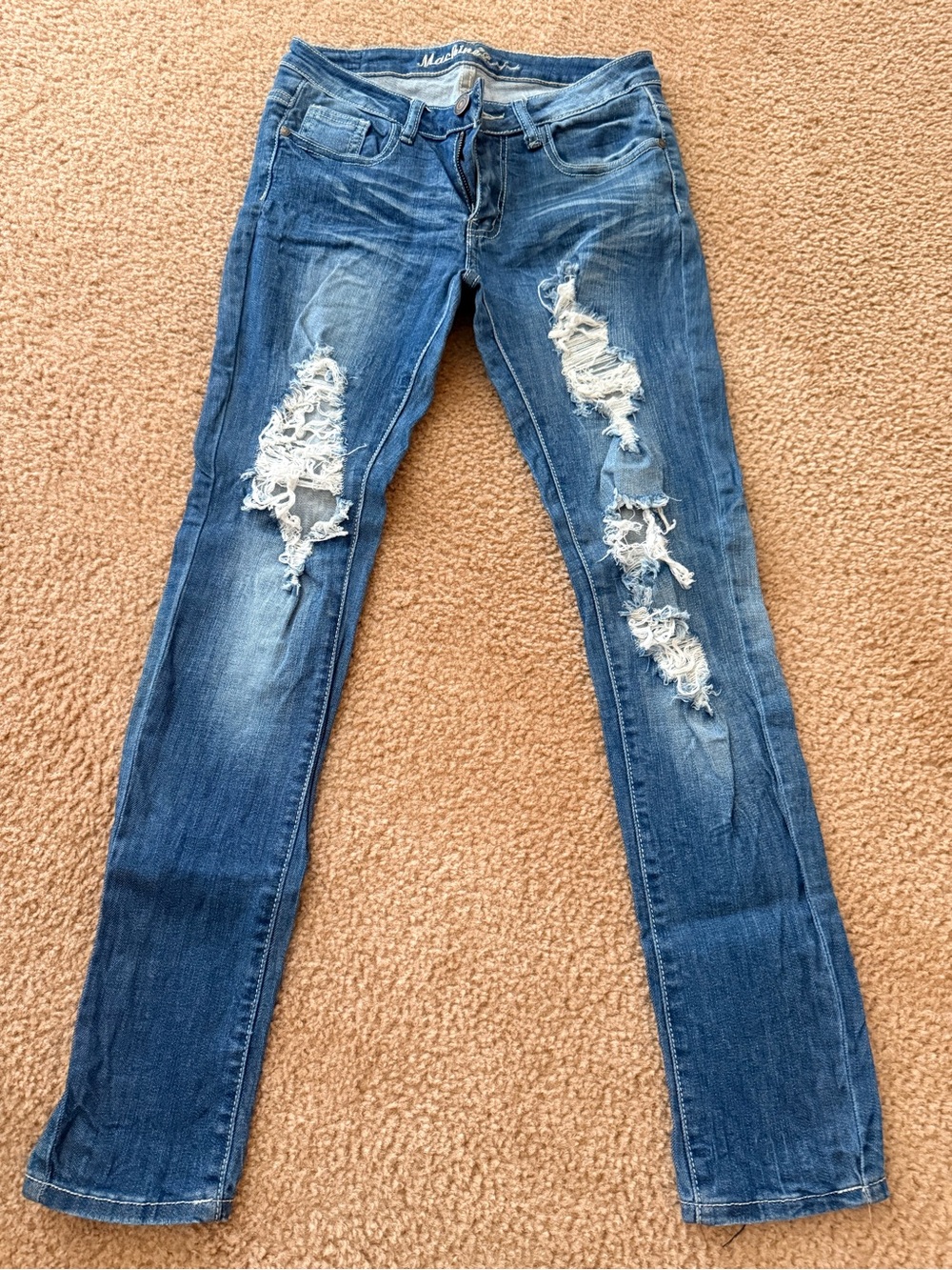 Machine Distressed Skinny Jeans - Blue